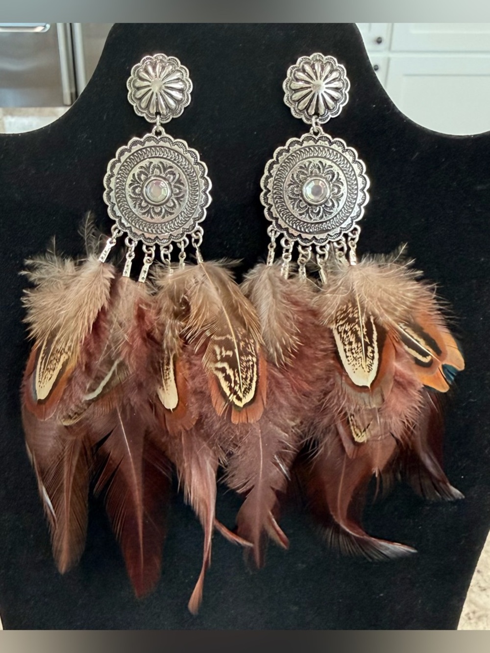 Beautiful Boho Feather Drop Earrings with Silver-Tone Medallions - Brown